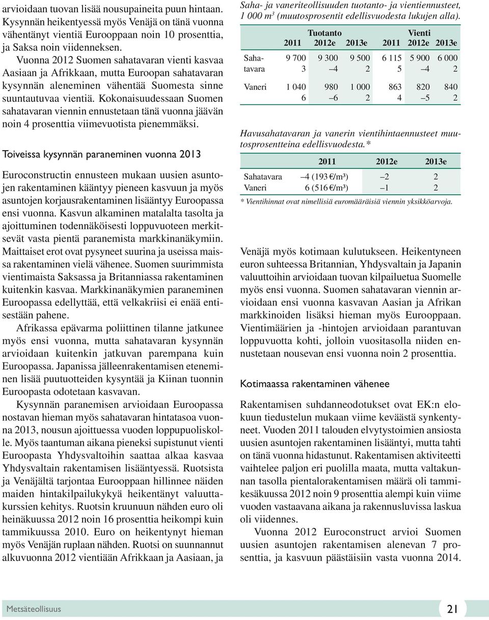 Kokonaisuudessaan Suomen sahatavaran viennin ennustetaan tänä vuonna jäävän noin 4 prosenttia viimevuotista pienemmäksi.