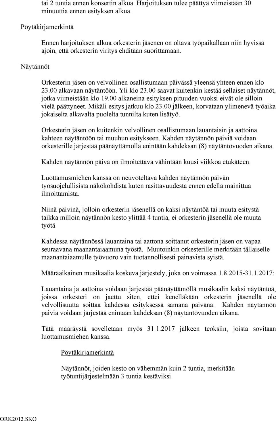 Orkesterin jäsen on velvollinen osallistumaan päivässä yleensä yhteen ennen klo 23.00 alkavaan näytäntöön. Yli klo 23.00 saavat kuitenkin kestää sellaiset näytännöt, jotka viimeistään klo 19.