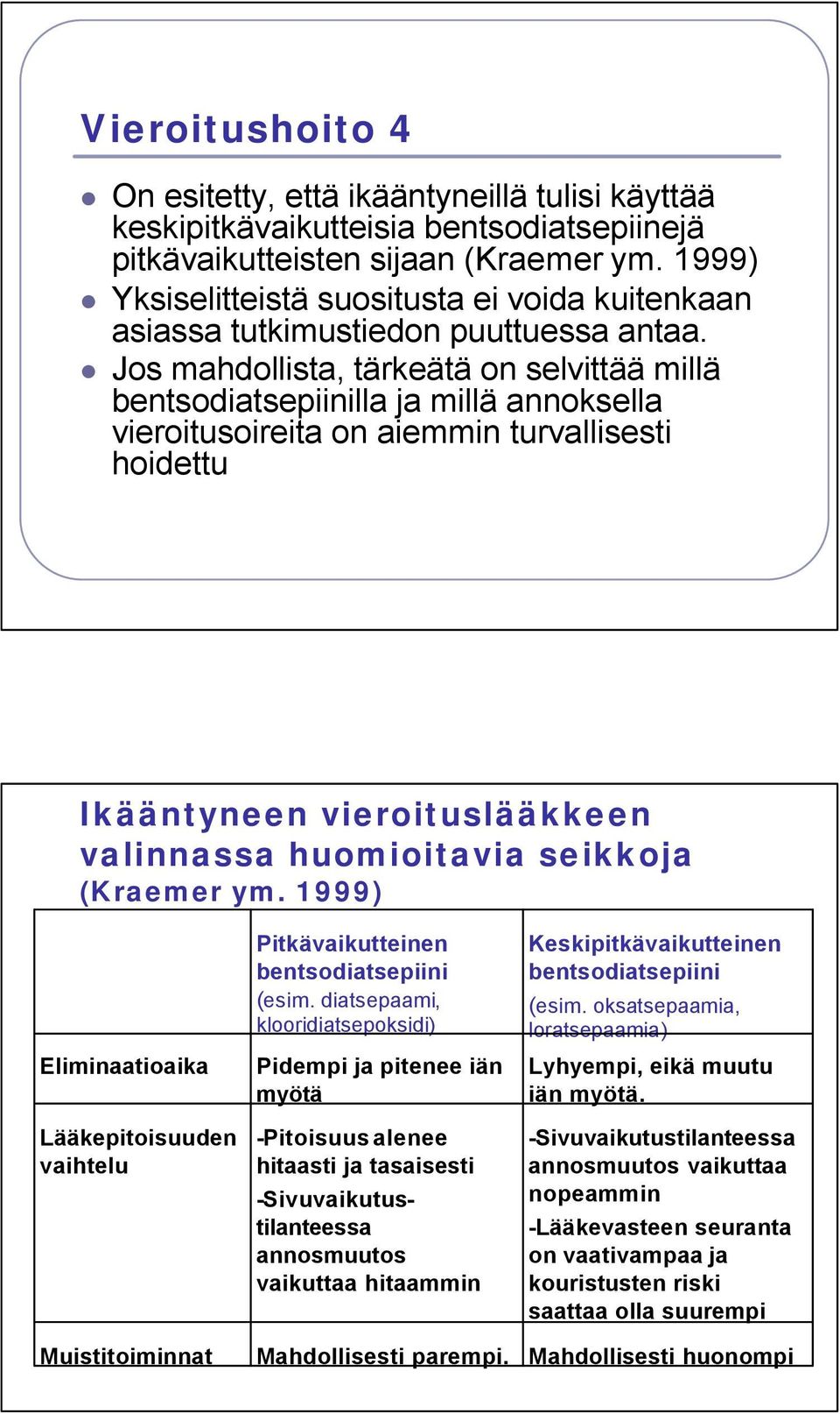 Jos mahdollista, tärkeätä on selvittää millä bentsodiatsepiinilla ja millä annoksella vieroitusoireita on aiemmin turvallisesti hoidettu Ikääntyneen vieroituslääkkeen valinnassa huomioitavia seikkoja