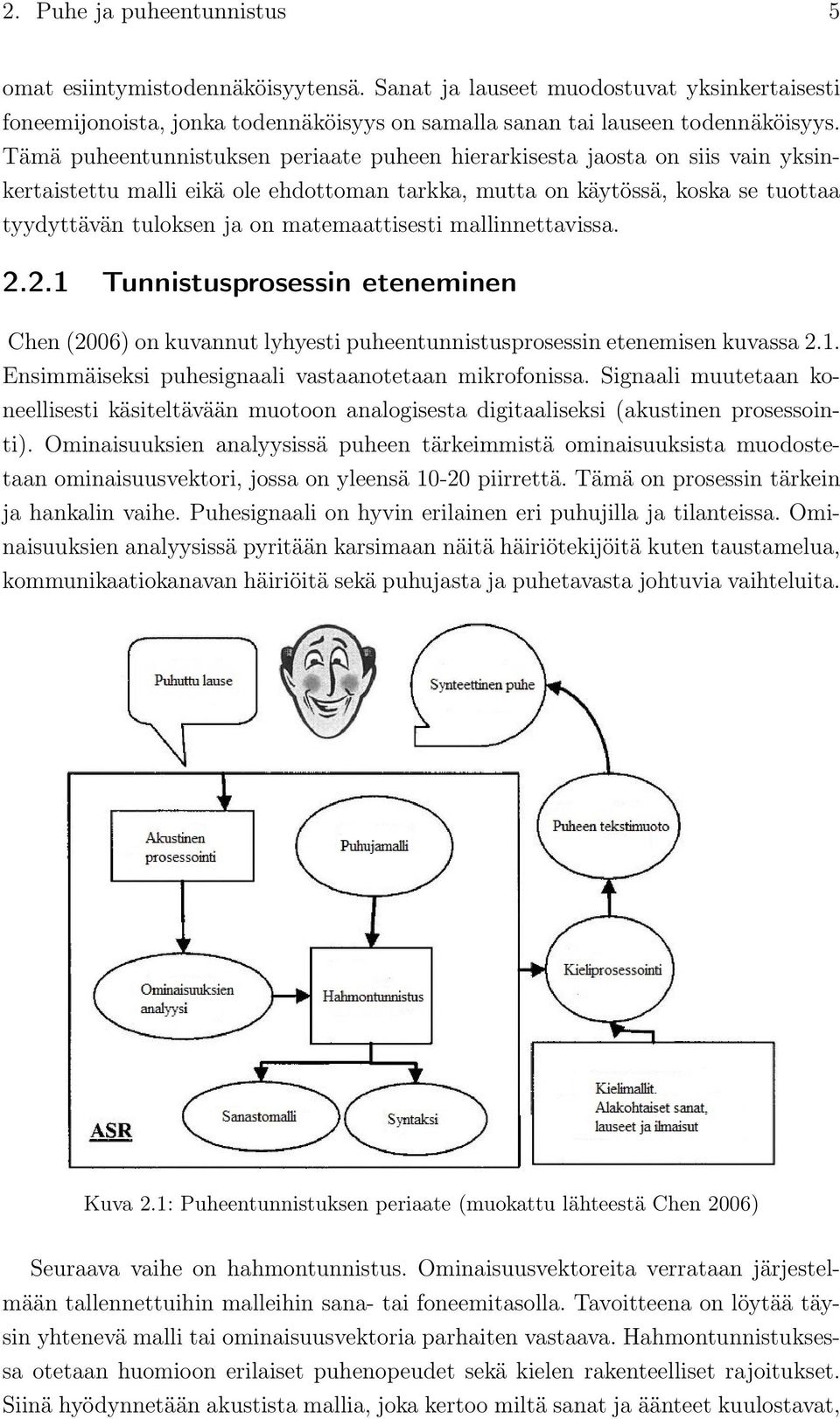 matemaattisesti mallinnettavissa. 2.2.1 Tunnistusprosessin eteneminen Chen (2006) on kuvannut lyhyesti puheentunnistusprosessin etenemisen kuvassa 2.1. Ensimmäiseksi puhesignaali vastaanotetaan mikrofonissa.