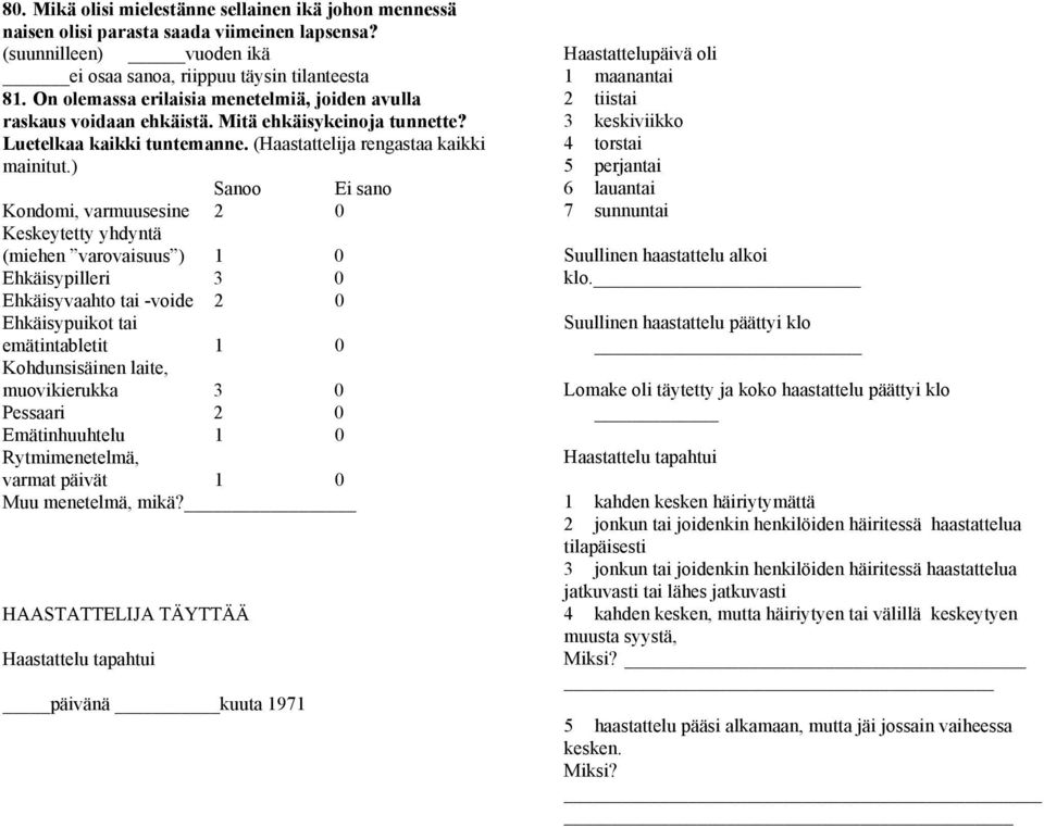 ) Sanoo Ei sano Kondomi, varmuusesine 2 0 Keskeytetty yhdyntä (miehen varovaisuus ) 1 0 Ehkäisypilleri 3 0 Ehkäisyvaahto tai -voide 2 0 Ehkäisypuikot tai emätintabletit 1 0 Kohdunsisäinen laite,