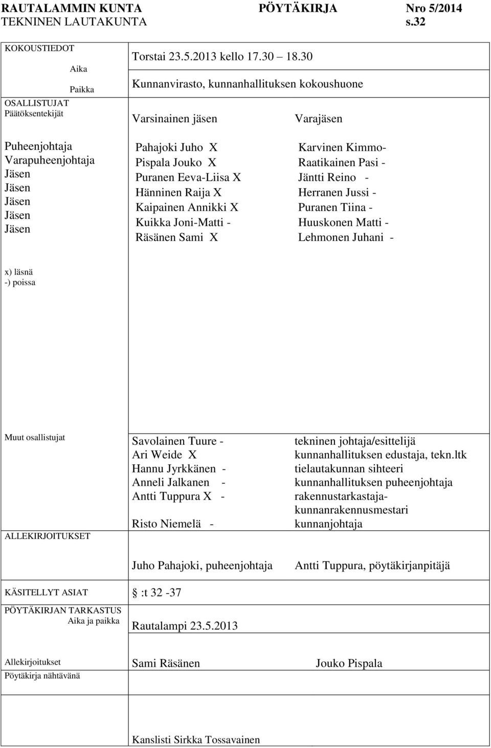 Kuikka Joni-Matti - Räsänen Sami X Karvinen Kimmo- Raatikainen Pasi - Jäntti Reino - Herranen Jussi - Puranen Tiina - Huuskonen Matti - Lehmonen Juhani - x) läsnä -) poissa Muut osallistujat