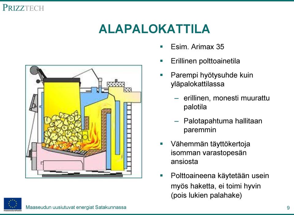 yläpalokattilassa erillinen, monesti muurattu palotila Palotapahtuma