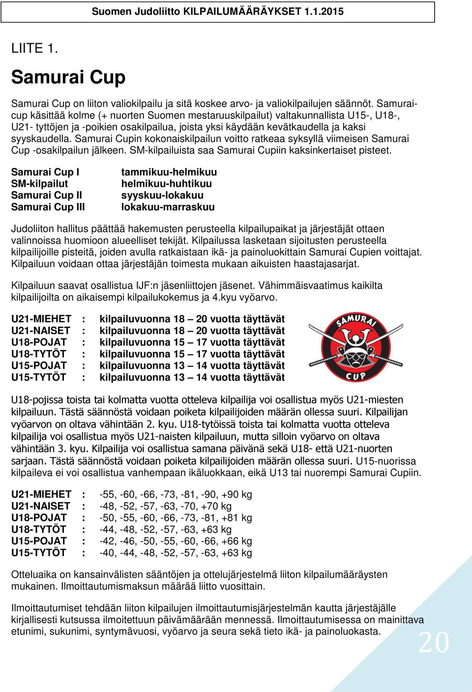 Samurai Cupin kokonaiskilpailun voitto ratkeaa syksyllä viimeisen Samurai Cup -osakilpailun jälkeen. SM-kilpailuista saa Samurai Cupiin kaksinkertaiset pisteet.