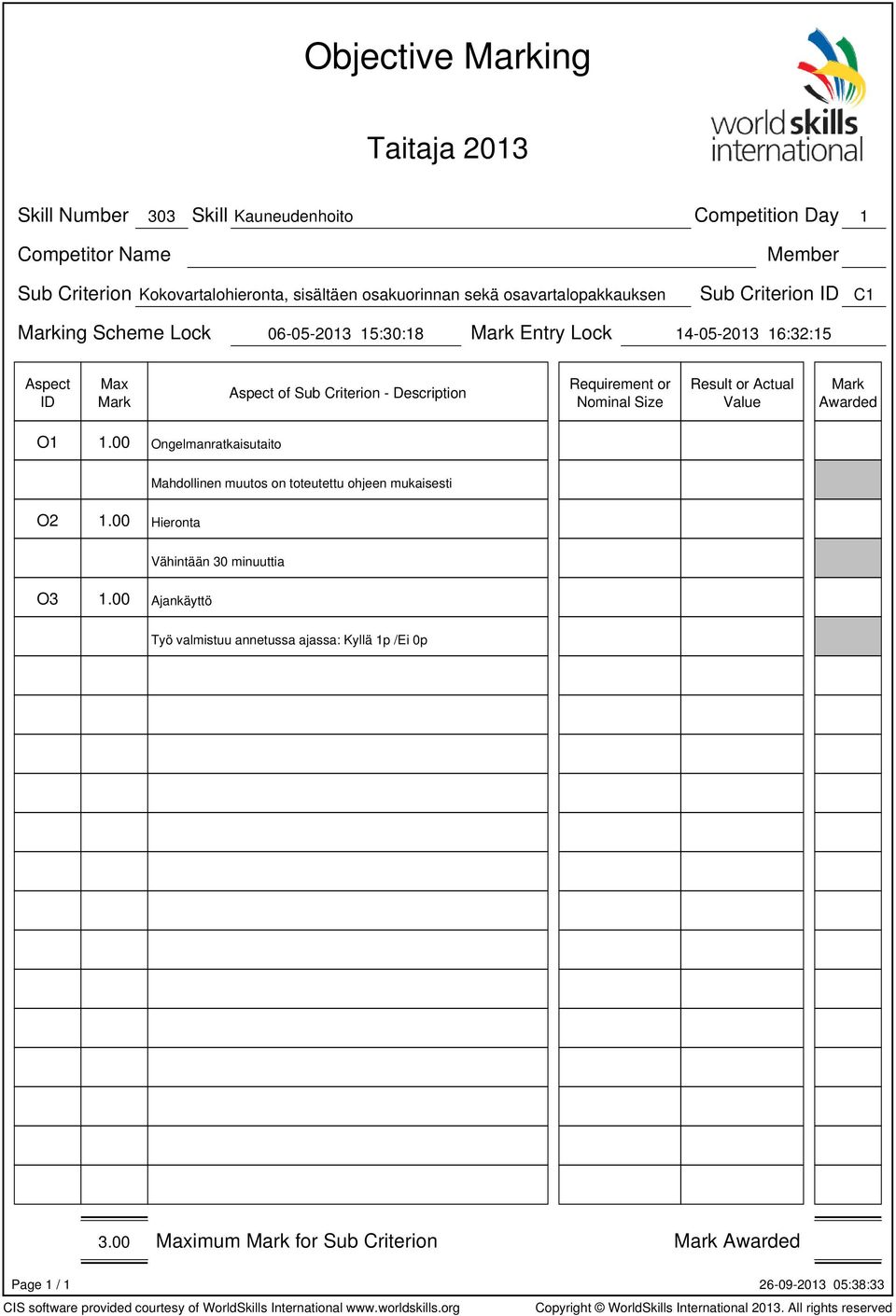 Description Requirement or Nominal Size Result or Value O1 1.