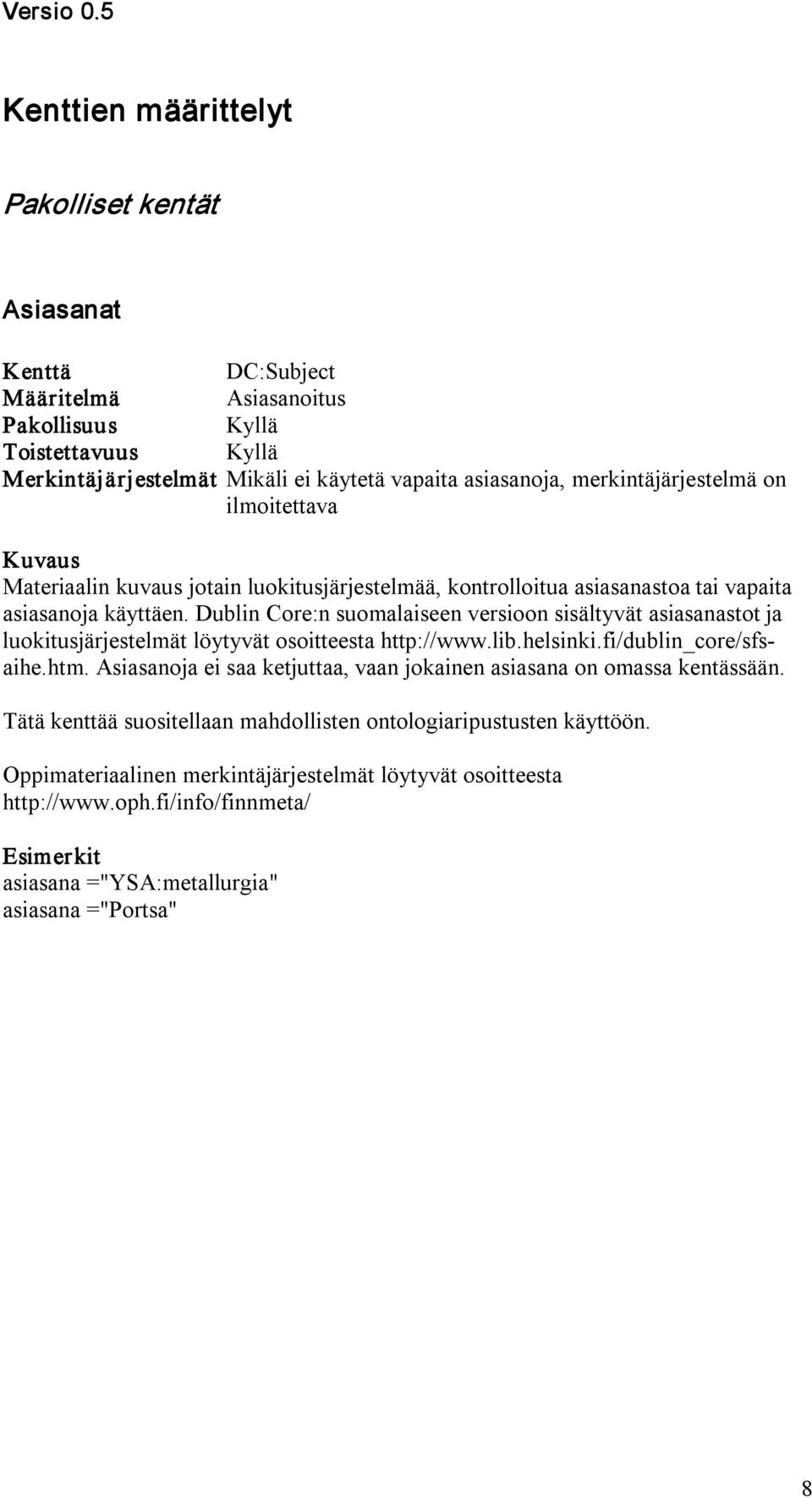 Dublin Core:n suomalaiseen versioon sisältyvät asiasanastot ja luokitusjärjestelmät löytyvät osoitteesta http://www.lib.helsinki.fi/dublin_core/sfsaihe.htm.