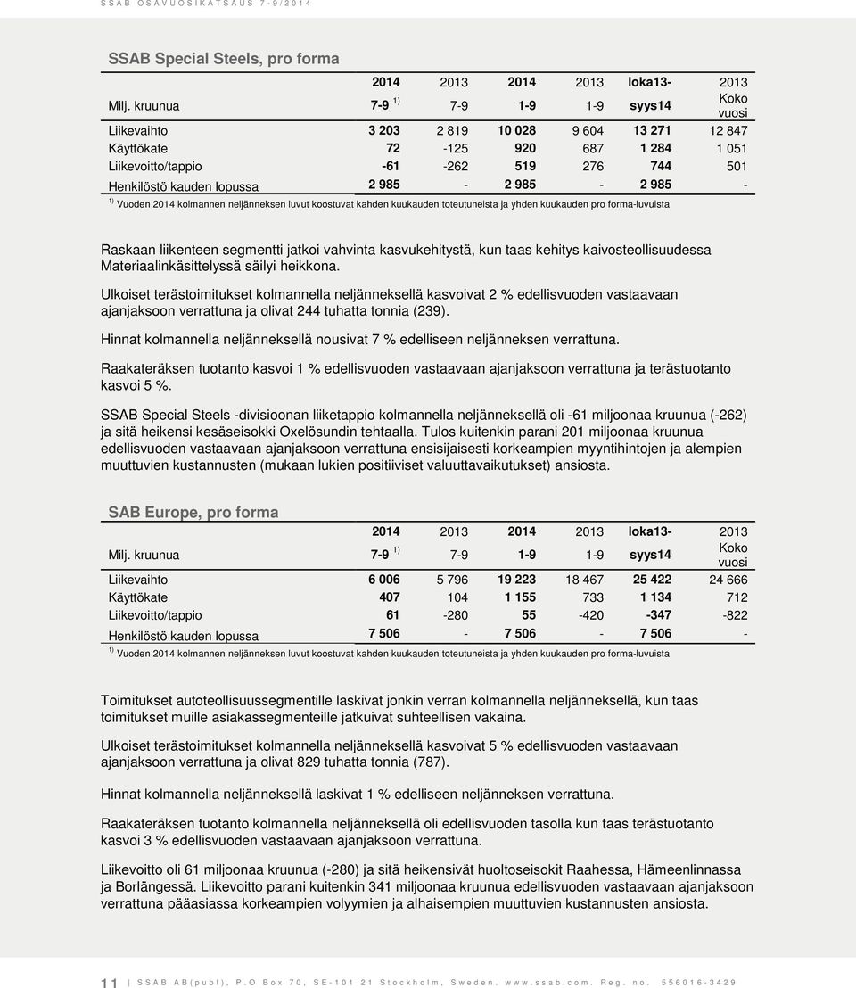 lopussa 2 985-2 985-2 985-1) Vuoden 2014 kolmannen neljänneksen luvut koostuvat kahden kuukauden toteutuneista ja yhden kuukauden pro forma-luvuista Raskaan liikenteen segmentti jatkoi vahvinta