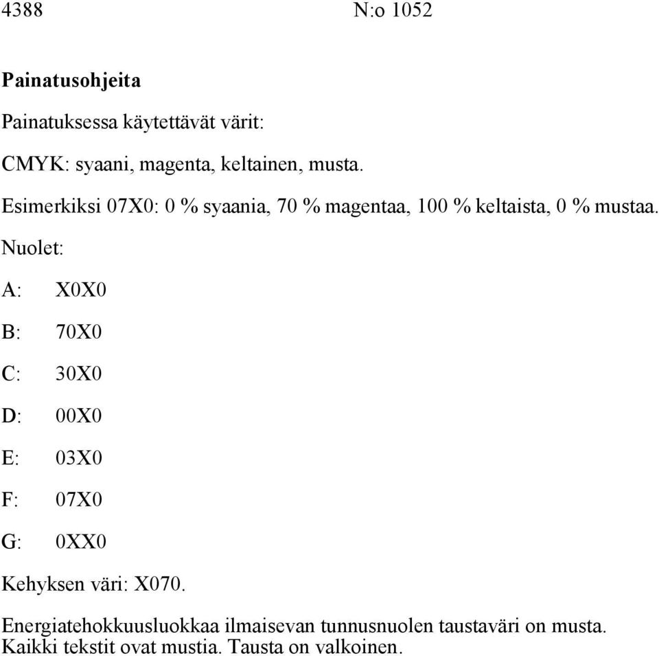 Nuolet: A: X0X0 B: 70X0 C: 30X0 D: 00X0 E: 03X0 F: 07X0 G: 0XX0 Kehyksen väri: X070.