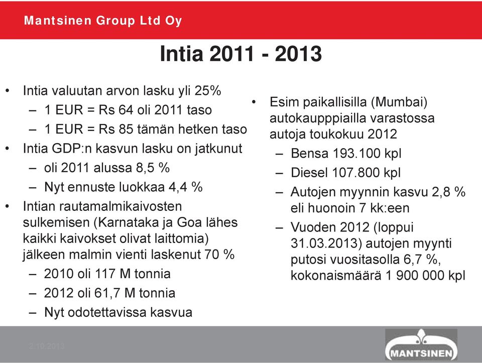 2010 oli 117 M tonnia 2012 oli 61,7 M tonnia Nyt odotettavissa kasvua Esim paikallisilla (Mumbai) autokaupppiailla varastossa autoja toukokuu 2012 Bensa 193.