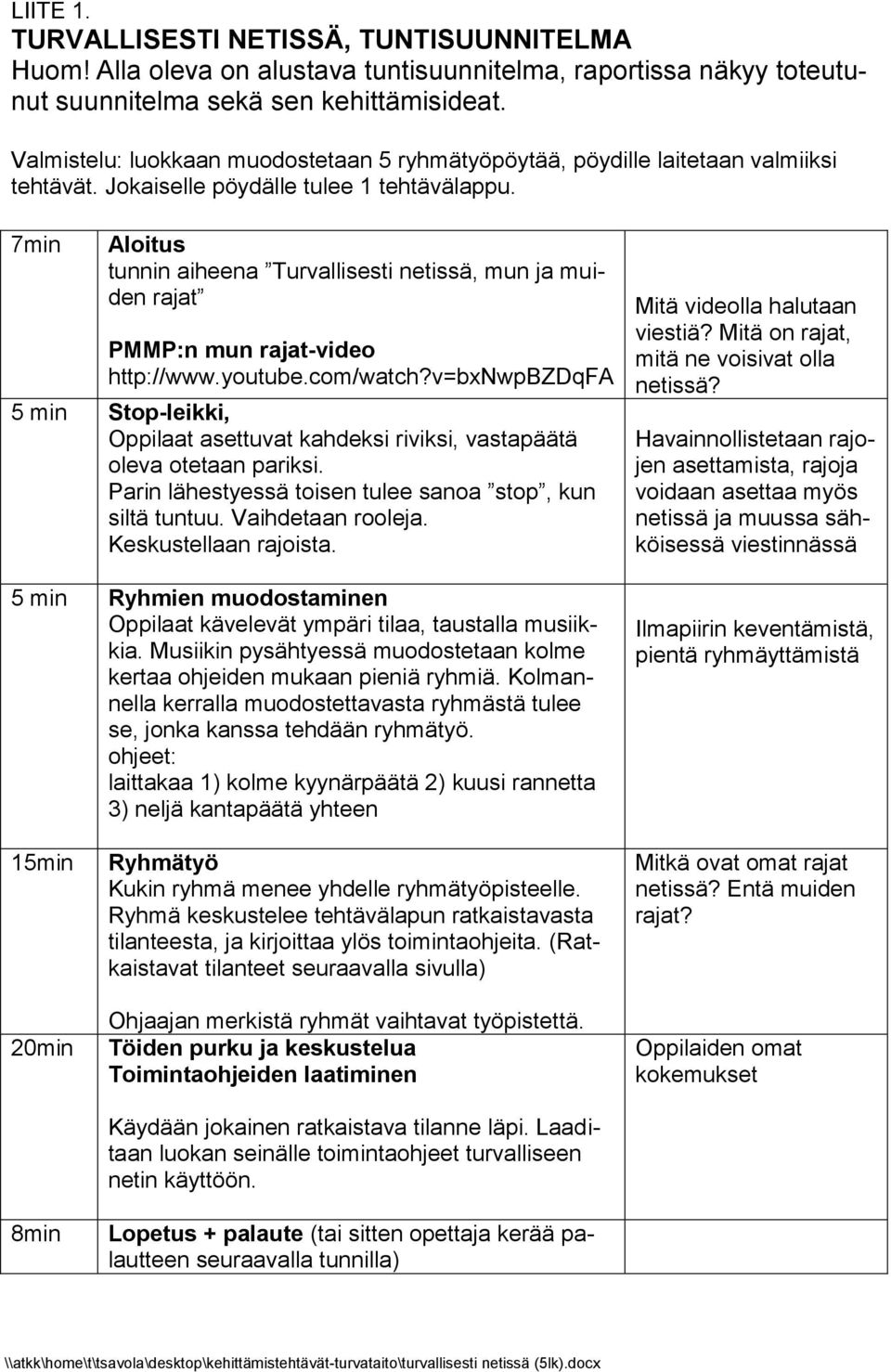 7min Aloitus tunnin aiheena Turvallisesti netissä, mun ja muiden rajat PMMP:n mun rajat-video http://www.youtube.com/watch?