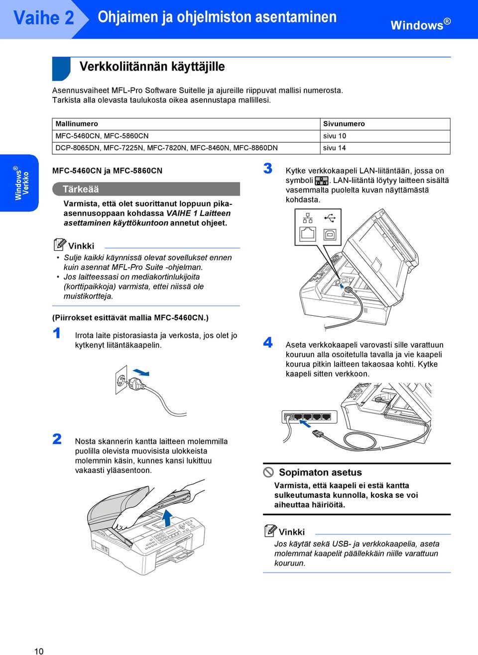 Mallinumero Sivunumero MFC-5460CN, MFC-5860CN sivu 10 DCP-8065DN, MFC-7225N, MFC-7820N, MFC-8460N, MFC-8860DN sivu 14 Verkko MFC-5460CN ja MFC-5860CN Tärkeää Varmista, että olet suorittanut loppuun