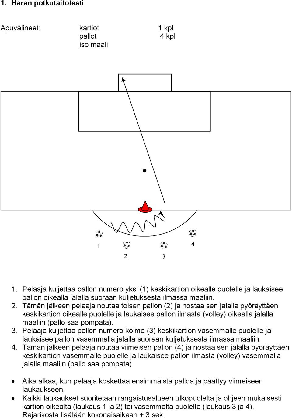 Tämän jälkeen pelaaja noutaa toisen pallon (2) ja nostaa sen jalalla pyöräyttäen keskikartion oikealle puolelle ja laukaisee pallon ilmasta (volley) oikealla jalalla maaliin (pallo saa pompata). 3.