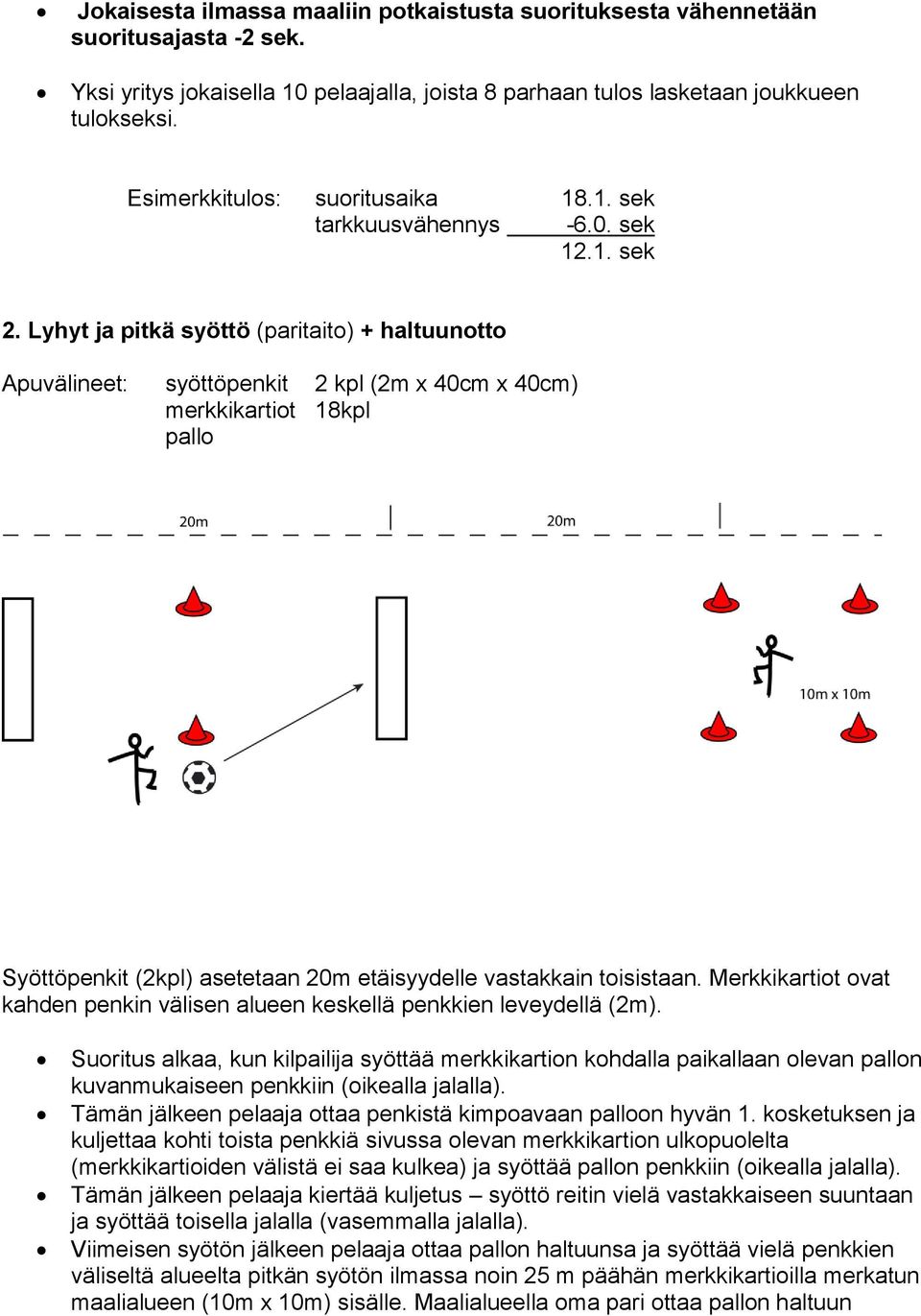 Lyhyt ja pitkä syöttö (paritaito) + haltuunotto Apuvälineet: syöttöpenkit 2 kpl (2m x 40cm x 40cm) merkkikartiot 18kpl pallo Syöttöpenkit (2kpl) asetetaan 20m etäisyydelle vastakkain toisistaan.