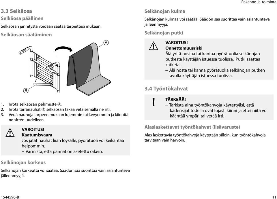 Älä nosta tai kanna pyörätuolia selkänojan putken avulla käyttäjän istuessa tuolissa. 3.4 Työntökahvat 1. Irrota selkäosan pehmuste A. 2. Irrota tarranauhat B selkäosan takaa vetäisemällä ne irti. 3. Vedä nauhoja tarpeen mukaan lujemmin tai kevyemmin ja kiinnitä ne sitten uudelleen.