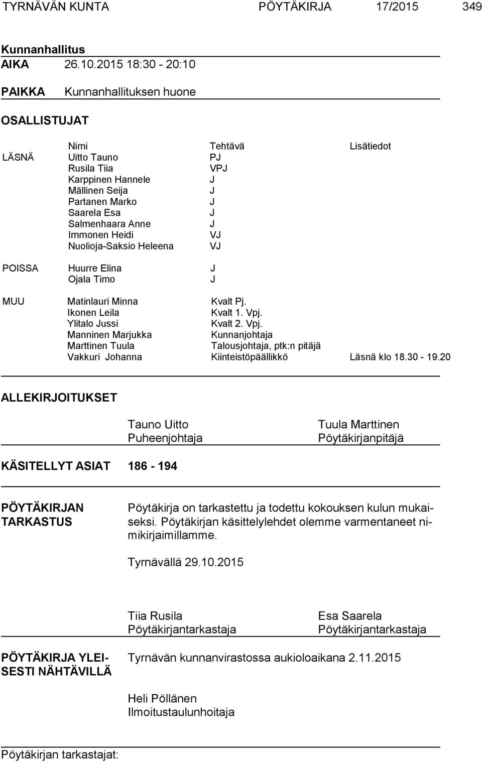 Salmenhaara Anne J Immonen Heidi VJ Nuolioja-Saksio Heleena VJ POISSA Huurre Elina J Ojala Timo J MUU Matinlauri Minna Kvalt Pj. Ikonen Leila Kvalt 1. Vpj.