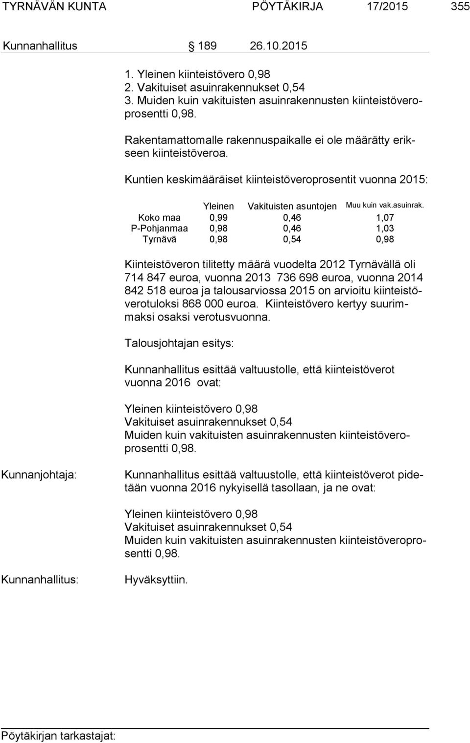 Kuntien keskimääräiset kiinteistöveroprosentit vuonna 2015: Yleinen Vakituisten asun tojen Muu kuin vak.asuinrak.