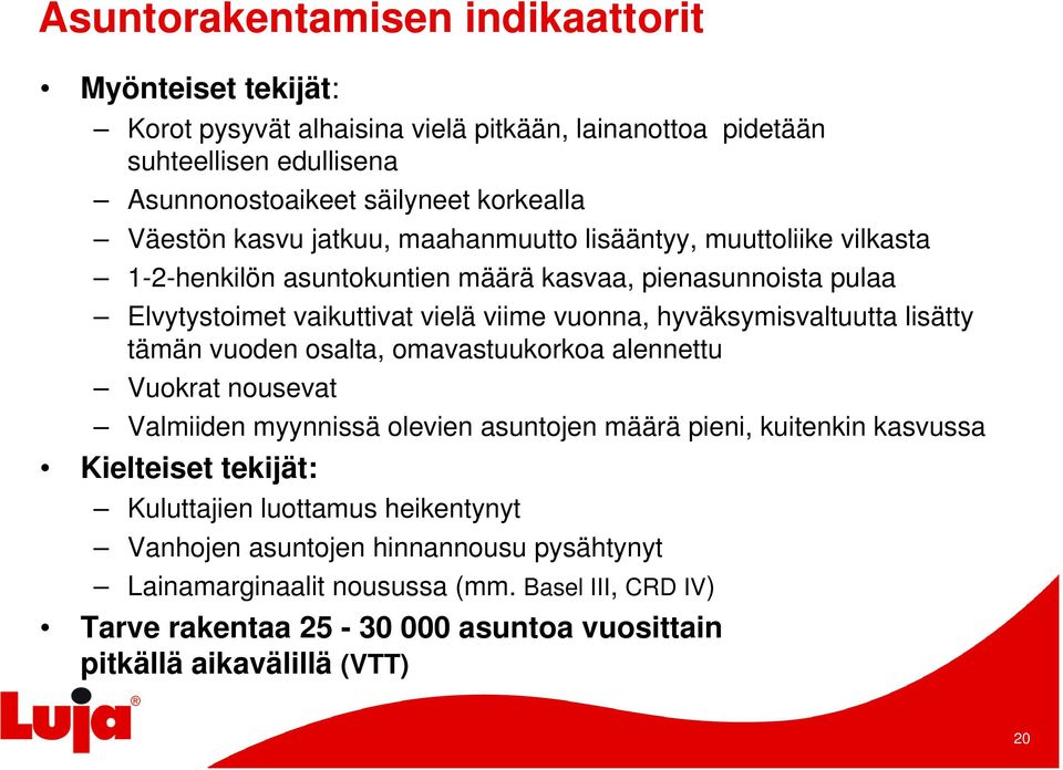 hyväksymisvaltuutta lisätty tämän vuoden osalta, omavastuukorkoa alennettu Vuokrat nousevat Valmiiden myynnissä olevien asuntojen määrä pieni, kuitenkin kasvussa Kielteiset tekijät: