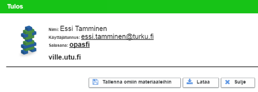 Seuraavaksi pääset tarkastelemaan tunnusten esikatselua. Kannattaa tässä vaiheessa vielä tarkastaa, että nimet on kirjoitettu oikein. Klikkaa Tallenna.