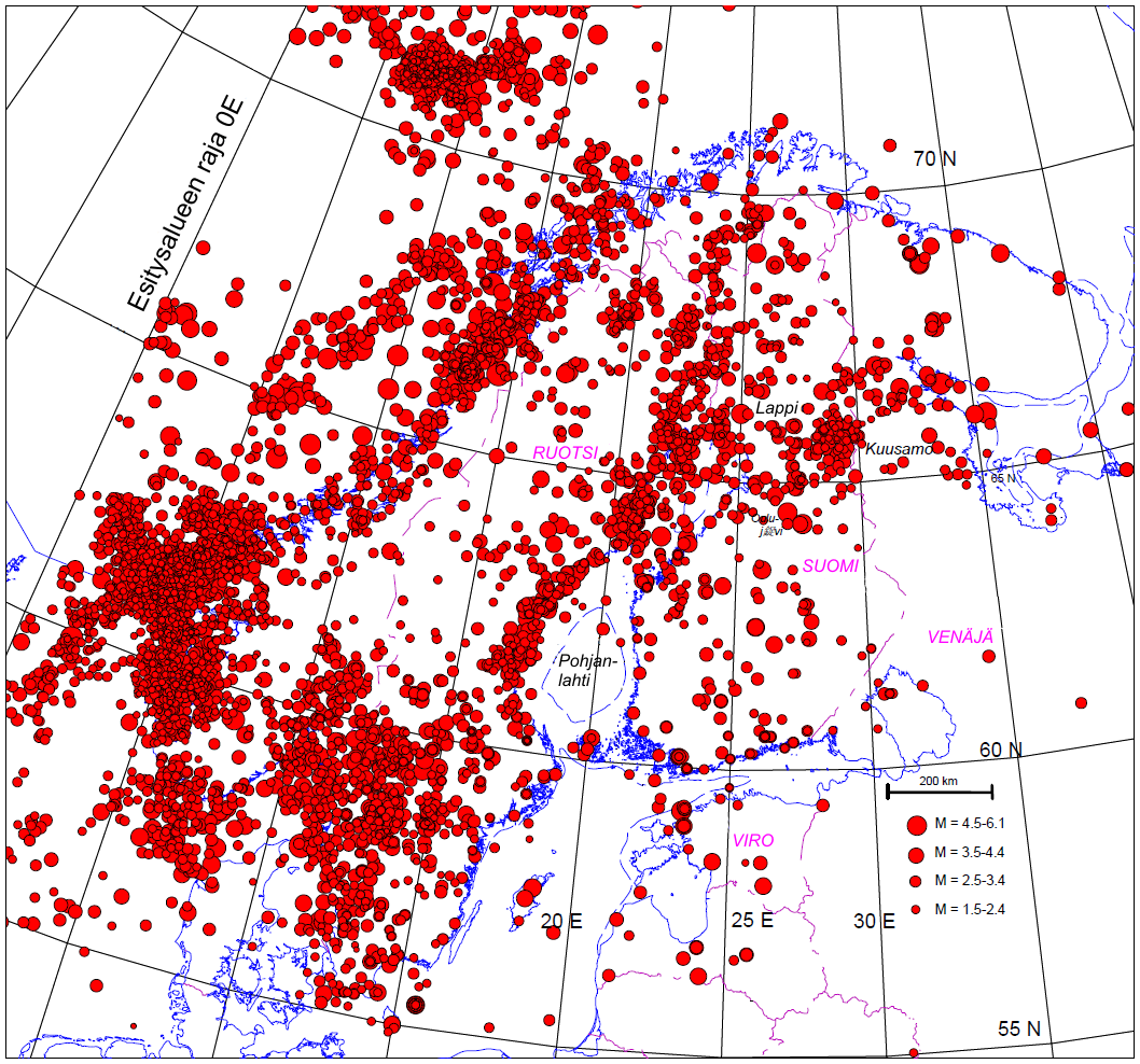 17 Kuva 4. Pohjois-Euroopassa tapahtuneet historialliset ja mitatut maanjäristykset vuosilta 1375 2008 FENCAT-tietokannan mukaan. (alkup. kuva Varpasuo 2008, s.
