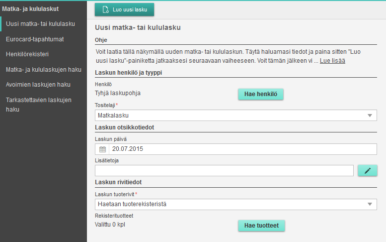 Tarkemmat ohjeet matkalaskun tekemiseen löytyvät täältä. Uuden matkalaskun alustava laadinta Uusi matkalasku tehdään valikon kohdassa Matka- ja kululaskut > Uusi matka- tai kululasku.