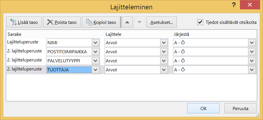 Lajittelu Rivit järjestykseen Huomaa että jos valittuna on jokin yhtä solua suurempi alue, lajitelluksi tulee vain valittu alue.