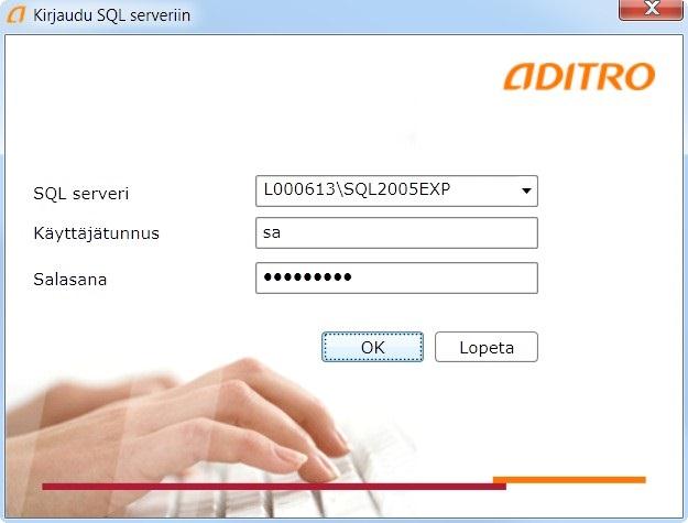 2. SQL-serveriin kirjautuminen Toukokuu 2013 19 (25) Valitse SQL serveri -kentän perässä olevasta pudotusvalikosta käytössä olevan SQLserverin\instanssin nimi.