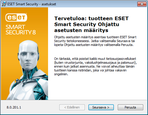 Asennus ESET Smart Security sisältää komponentteja, jotka saattavat olla ristiriidassa muiden tietokoneeseen asennettujen virustorjuntatuotteiden tai suojausohjelmistojen kanssa.