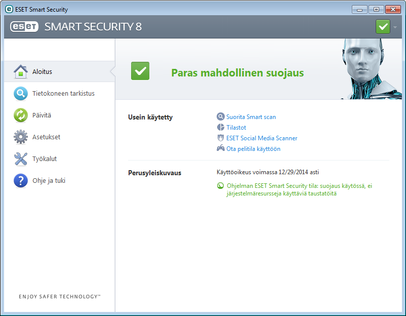 kaksoisnapsauta Windows-ilmaisinalueella olevaa tuotteen ESET Smart Security kuvaketta. Käyttöliittymä Aloitus-osio ilmoittaa tietokoneen senhetkisen tietoturvan ja suojauksen tason.