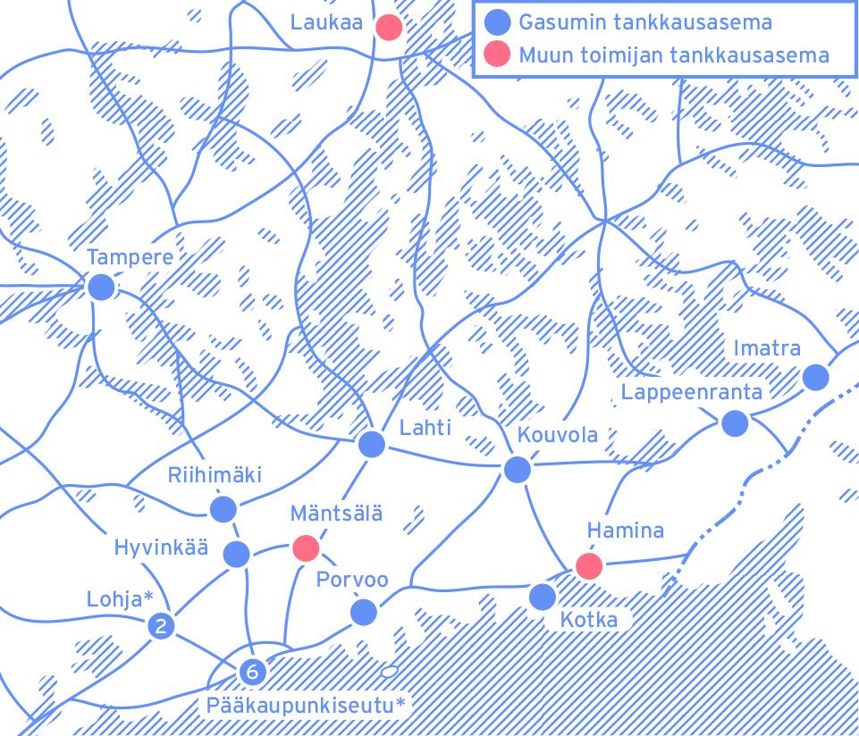 Kaasun julkiset tankkausasemat Gasumilla 15 kpl verkossa muilla 2 kpl