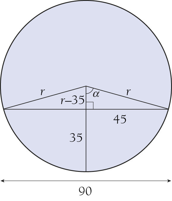Kynnysmatt n ympyrän segmentin mutinen. Sen krkeus n 35 cm ja leveys 90 cm. Lasketaan säteen pituus Pythagraan lauseella.