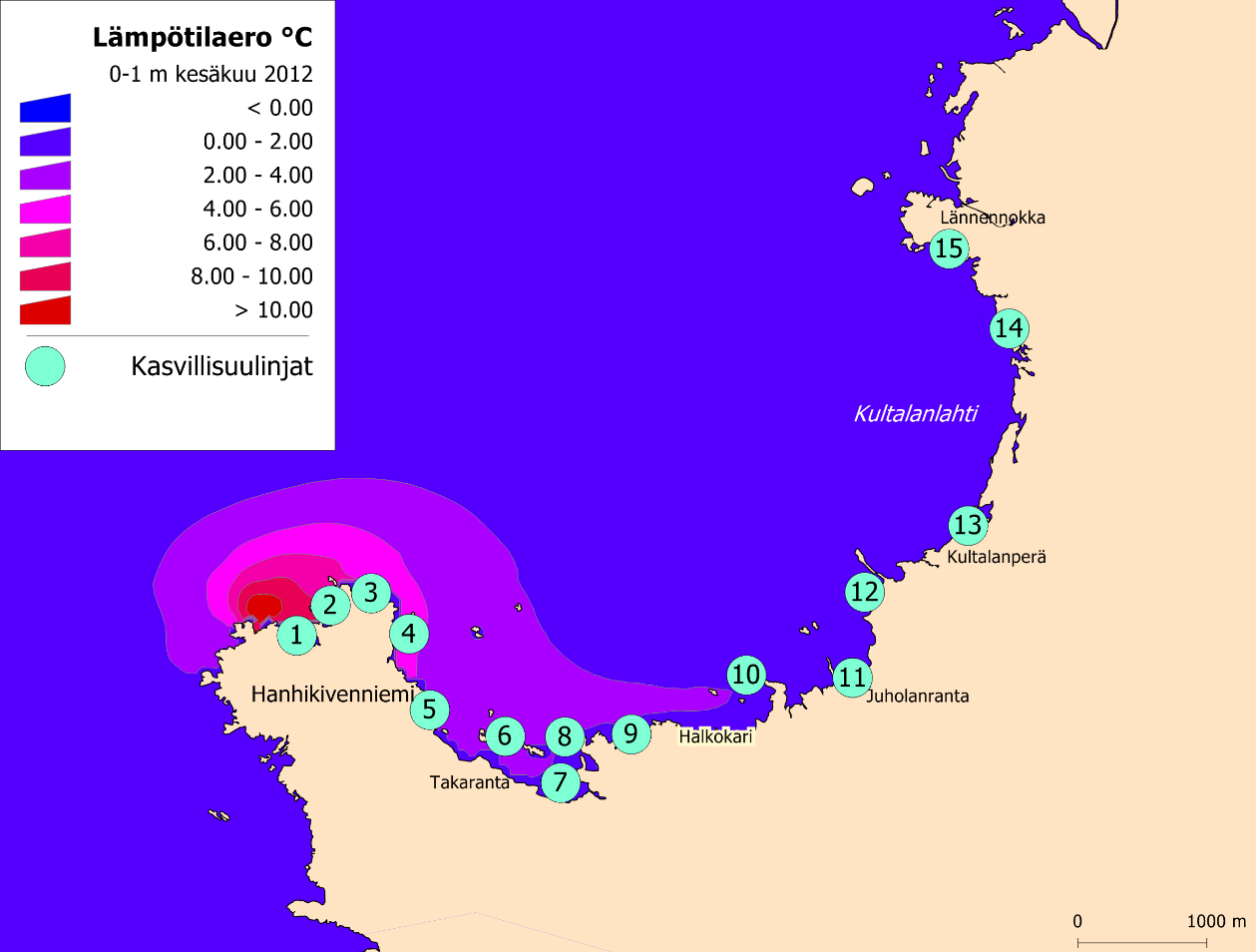 Meriveden lämpötila nousi mallin mukaan yli kymmenen astetta jäähdytysvesien purkuputken suulla Hanhikivenniemessä (kuva 2).