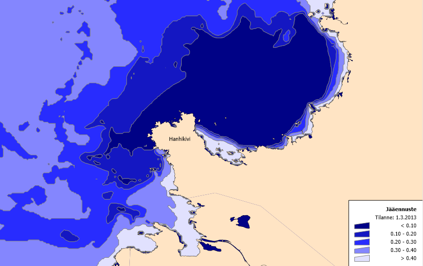 Kuva 3. Ennuste jääpeitteestä 1.3.2013 Hanhikivenniemen ympäristössä, jos voimala olisi ollut käytössä.