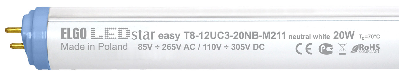 LEDstar easy T8 Rakenne ja mallivaihtoehdot PCB ja LEDit - kaksi LED-riviä - erinomainen lämmönjohto Kuori - muovia: polymetyylimetakrylaatti (PMMA) - opaali (himmeä) T8 SMD
