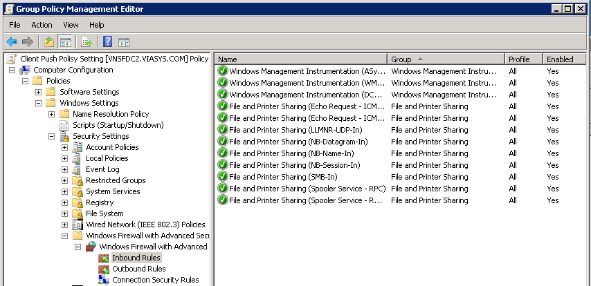 5.5 Palomuurin asetukset Lopuksi täytyy tehdä sisäänpäin tulevalle liikenteelle sääntö Domain Controllerpalvelimelle, jotta WMI (Windows Management Instrumentation) pääsee toimimaan oikein clientin