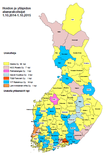 Suomen teiden kunnossapidon hoitavien aliurakoitsijoiden alueet ja niiden toimijat selviävät alla olevasta kuvasta 1. Kuva 1. Kartta hoidon ja ylläpidon alueurakoitsijoista, 1.10.2014 1.10.2015.