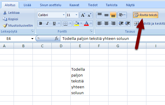 37. Mahduta enemmän tekstiä soluun Rivitä-teksti kuvaketta klikkaamalla saat tekstin mahtumaan kapeaankin soluun.