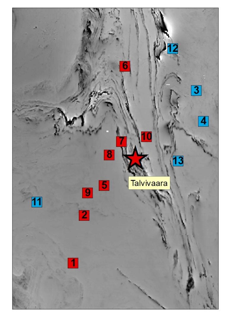 REE-selvityksen näytteenottopaikat Kuva GTK, Jari Mäkinen Tutkimuskohteet (1-13)