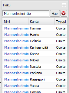 Karttaliittymä Sijainnin hakutoiminto Osoite- ja paikannimihaku kaikille osoitteille Suomessa sekä 800 000 paikannimen avulla Hakupalvelu tukee merkkijonoa ja sen alkua*, *loppua