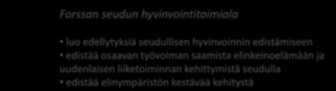 HYVINVOINTITOIMIALAN TOIMINTA-AJATUS JA TULEVAISUUS Visio: Forssan seudun hyvinvointitoimiala on Suomen johtava uudenlaisten, laadukkaiden, asiakaslähtöisten sekä kilpailukykyisten