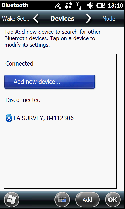 Liite 5 4(24) 2. Käynnistä GeoExplorer. Mene käynnistä valikon kautta (Kuva 2) Settings (Kuva 3) => Bluetooth (Kuva 4). Devices välilehdeltä paina kohtaa Add new device.