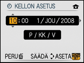 Valmistelu Päiväyksen/ajan asettaminen (Kelloasetus) Suosittelemme valitsemaan kohdan [KIELI] (P34) valikosta [ASETUKSET] (P29) ennen päiväyksen/ajan asettamista.
