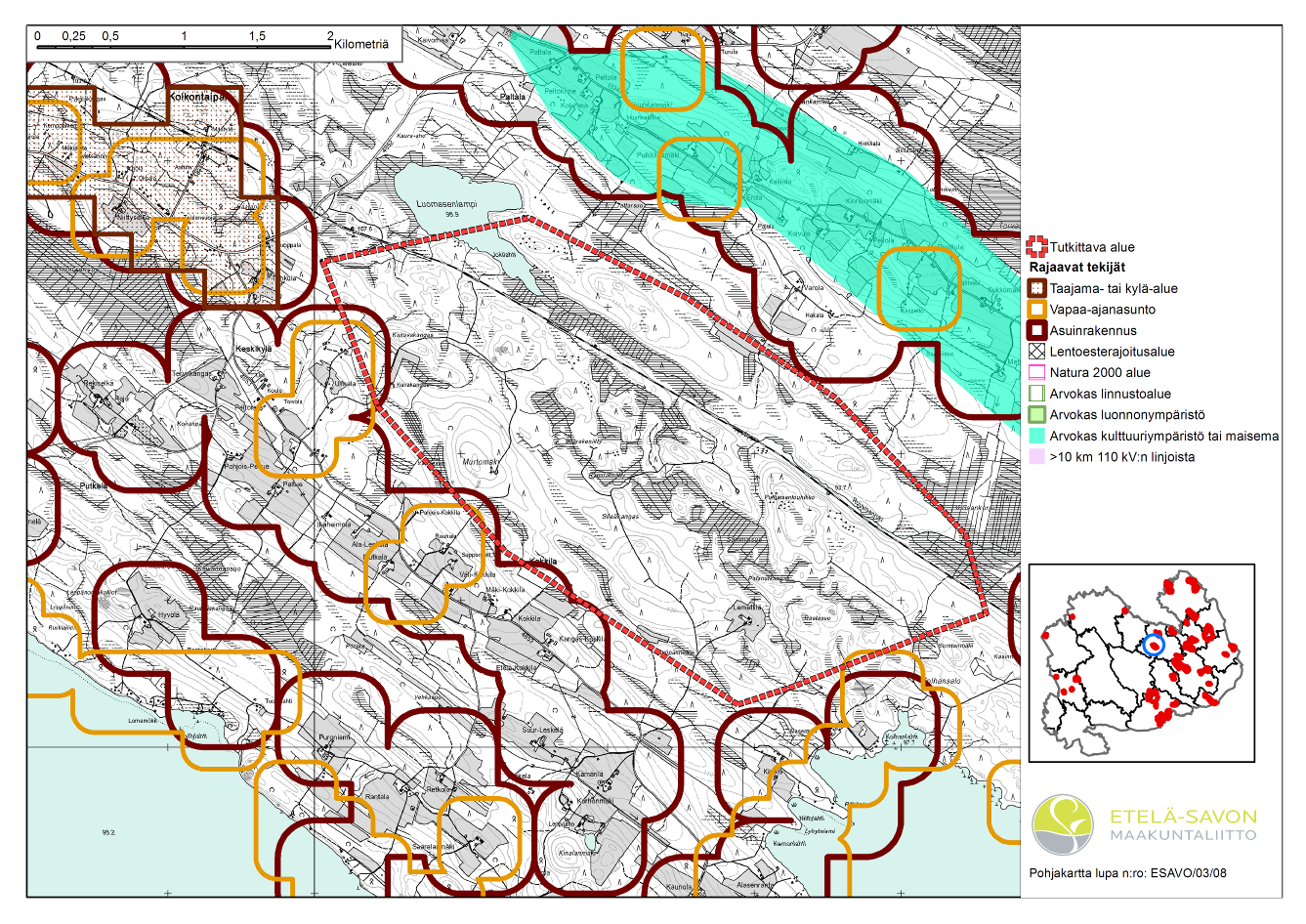 Etelä-Savon 1. vaihemaakuntakaava 60 Kunta Nimi RANTASALMI KOLKONJÄRVI tuuliatlas (100m) tuuliatlas (150m) korkeusero 110kV:n verkon etäisyys tiestö alueella 6.4 m/s 7.