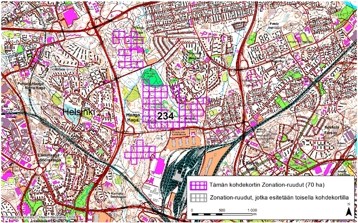 Helsinki, Zonation-aluetunnus 234 HELSINKI (234) Alue sijaitsee Länsi-Helsingissä Haagan kaupunginosassa ulottuen pohjoisessa Pirkkolan (Britas) urheilupuiston alueelle, idässä Metsälään ja etelässä