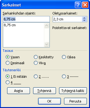 18 SARKAIMET Oletussarkaimet ovat 2,3 cm:n välein. Ne näkyvät harmaina pystyviivoina viivaimen alareunassa: 18.