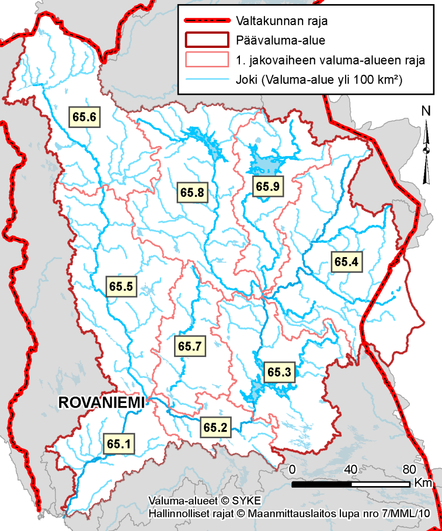 Taulukko 1. Kemijoen vesistön 1. jakovaiheen valuma-alueet, niiden pinta-alat (F) ja järvisyysprosentti (L). Nro Nimi Alaraja F km² L % F₁ Km² L₁ % 65.