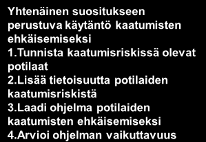 Kaatumisten ehkäisy hankkeen tavoite Yhtenäistää potilaiden kaatumisten ehkäisyn käytäntöjä KYSissä osa Vetovoimainen ja terveyttä edistävä terveyden huolto (VeTe) hanketta otetaan käyttöön Joanna