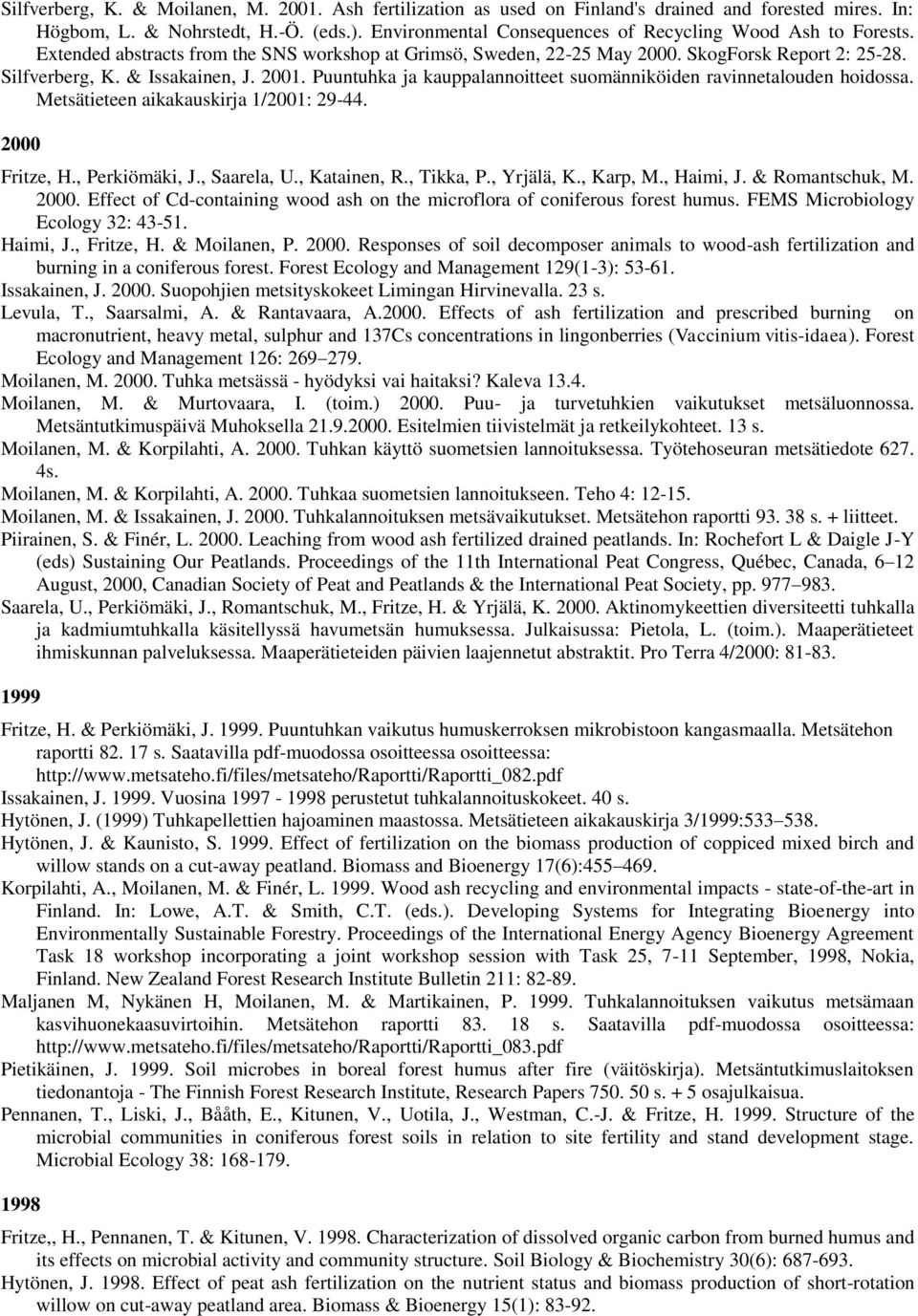 2001. Puuntuhka ja kauppalannoitteet suomänniköiden ravinnetalouden hoidossa. Metsätieteen aikakauskirja 1/2001: 29-44. 2000 Fritze, H., Perkiömäki, J., Saarela, U., Katainen, R., Tikka, P.