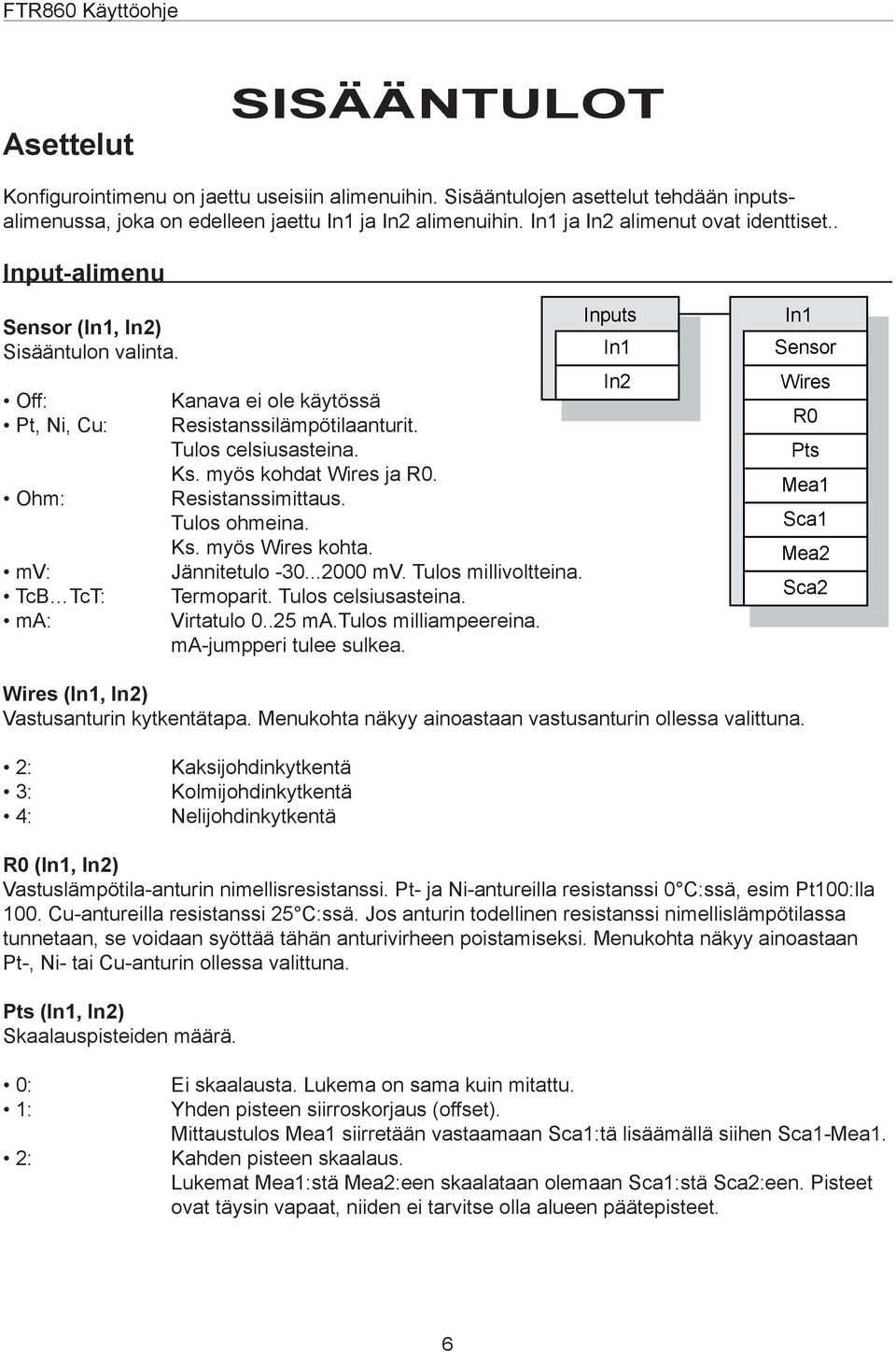 Tulos celsiusasteina. Ks. myös kohdat Wires ja R0. Resistanssimittaus. Tulos ohmeina. Ks. myös Wires kohta. Jännitetulo -30...2000 mv. Tulos millivoltteina. Termoparit. Tulos celsiusasteina.