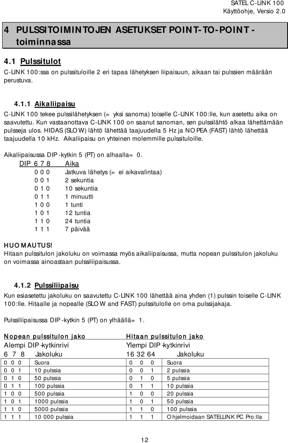 Aikaliipaisu on yhteinen molemmille pulssituloille. Aikaliipaisussa DIP -kytkin 5 (PT) on alhaalla= 0.