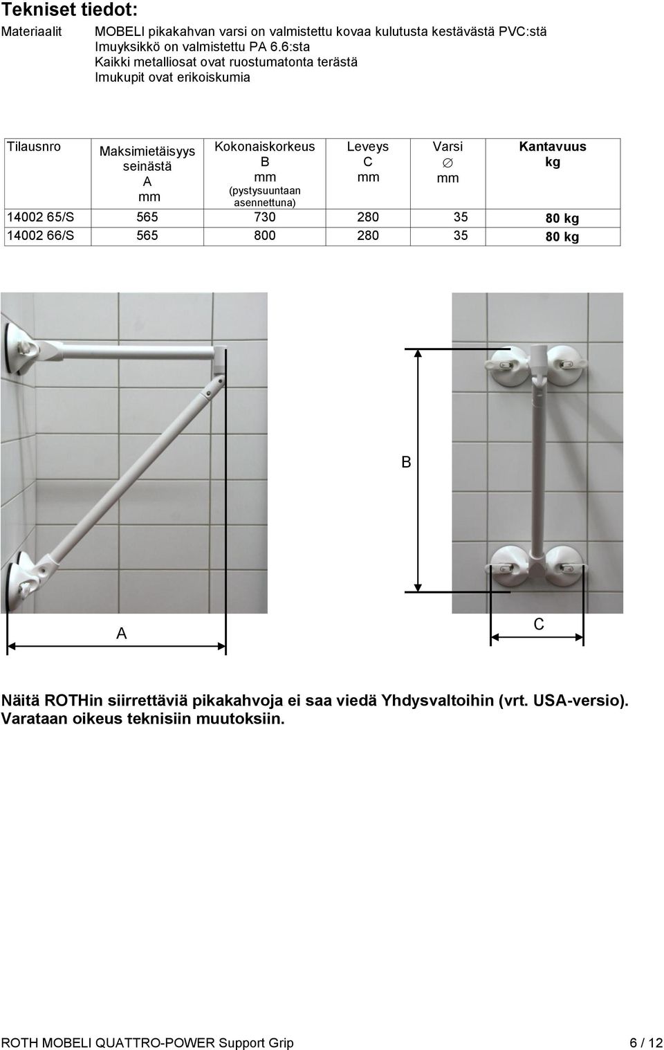 (pystysuuntaan asennettuna) Leveys C mm Varsi mm Kantavuus kg 14002 65/S 565 730 280 35 80 kg 14002 66/S 565 800 280 35 80 kg B A C Näitä